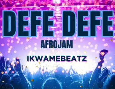 Concert poster with large text "DEFE DEFE" and "AFROJAM" above "Ikwamebeatz" in front of a cheering crowd with purple and blue lighting. Defe Defe AFROJAM (Produced by Ikwamebeatz)