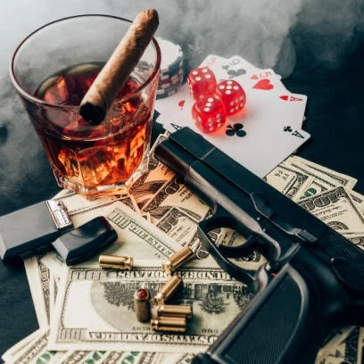 A gun, cigar, money, and a glass of liquor on a black background. Artwork for "DJ Yuppie - Artillery Mixtape"