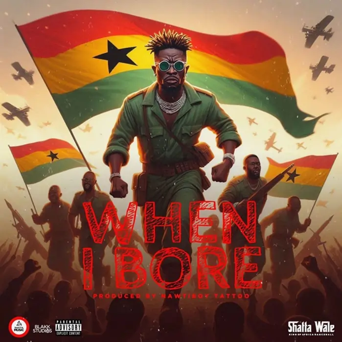 Album artwork featuring an artist in military-style attire with a backdrop of flags and silhouettes of a crowd, titled 'when i bore'. Artwork for the song "Shatta Wale - When I Bore"