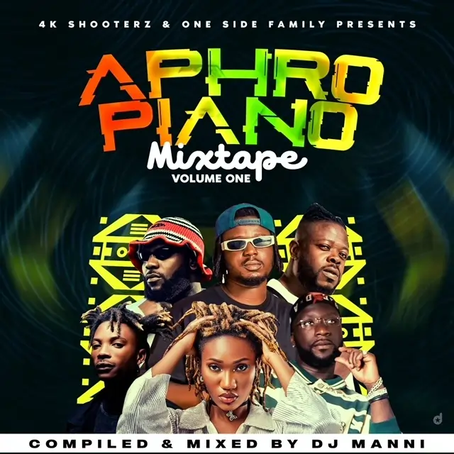 Promotional cover for "afro piano mixtape volume one" compiled and mixed by dj manni, featuring portraits of multiple artists. " DJ Manni - Aphro Piano Vol.1 Mixtape