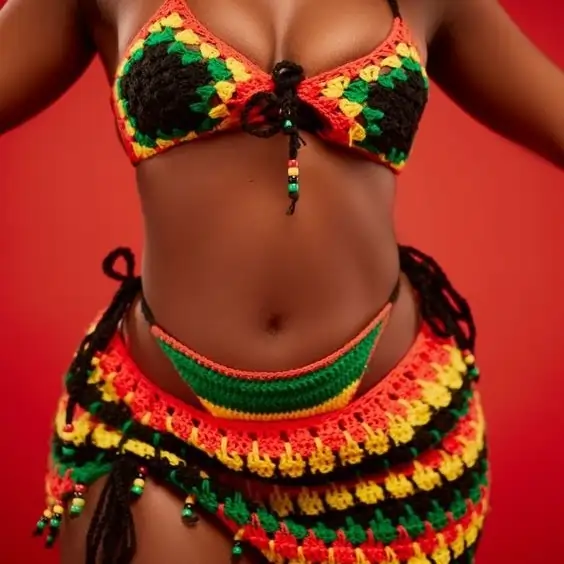 A close-up of a woman wearing a colorful crocheted bikini and matching accessories against a red background. Artwork for 'DJ Flex Ghana - Party Vibes Mixtape'